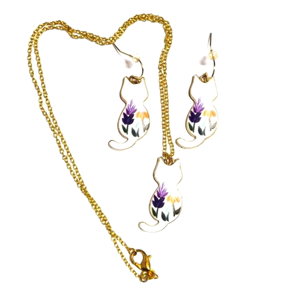 Flower Painted Enamel Kitty Cat Back Earring and Necklace Set